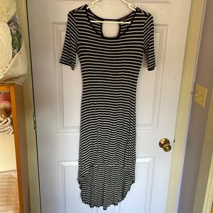 Black and gray striped high low jersey dress